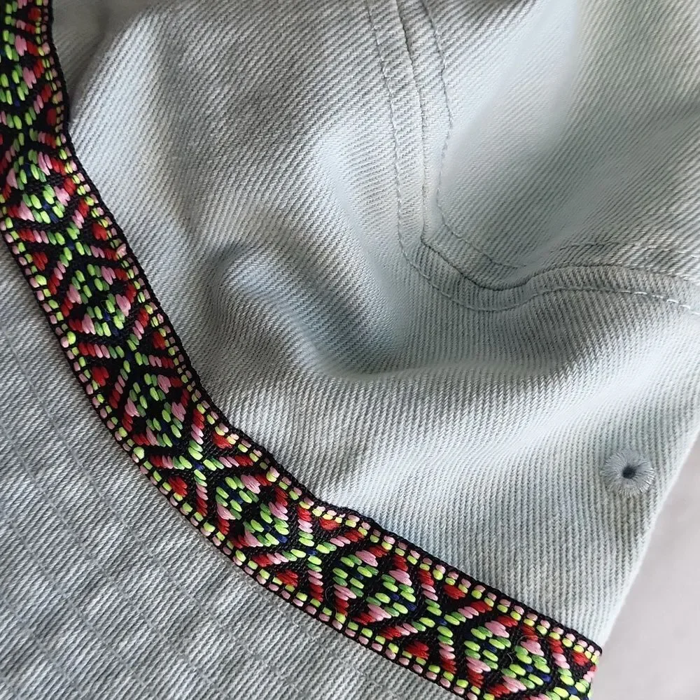Light Blue Denim Bucket Hat Patterned Band Summer Fashion Hat